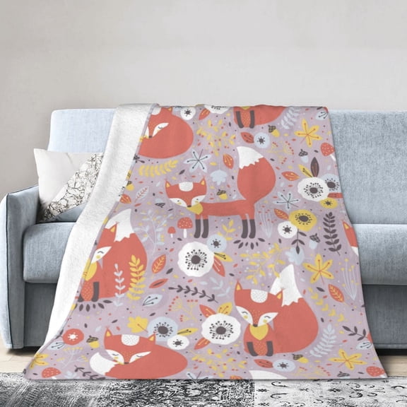 Cute Fox Floral Pattern Blanket Cozy Animal Print Throw for Bedroom Living Room
