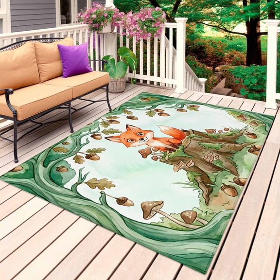 Cute Fox Forest Outdoor Rug 4x6 Ft, Non Slip Washable Area Rug, Green Trees Cone Leaves Mushroom Patio Rugs Carpet Runner, Large Floor Mat for Indoor/Outdoor Deck Porch Camping