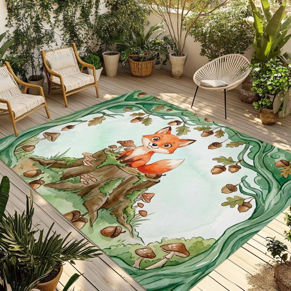 Cute Fox Forest Outdoor Rug for Patio/Deck/Porch, Non-Slip Large Area Rug 3 x 5 Ft, Green Trees Cone Leaves Mushroom Indoor Outdoor Rugs Washable Area Rugs, Reversible Camping Rug Carpet Runner