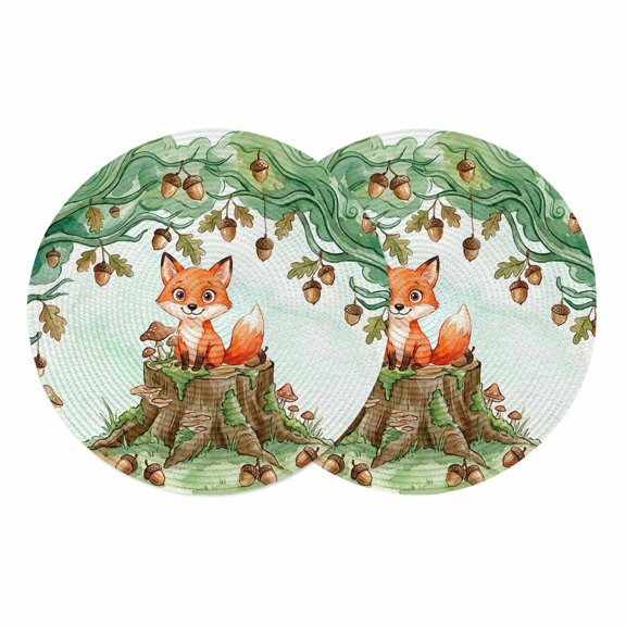 Cute Fox Forest Round 13 Inch Placemats Set of 2, Green Trees Cone Leaves Mushroom HeatResistant Non Slip Place Mats for Dining Table, Wipeable Braided Kitchen Table Mats for Housewarming