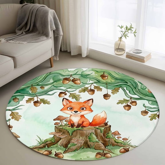 Cute Fox Forest Round Area Rug 4Ft Washable Circle Rugs for Bedroom Dining Room, Green Trees Cone Leaves Mushroom Non-Slip Carpet Floor Mats Indoor Outdoor Carpet Runner Aesthetic Home Decor