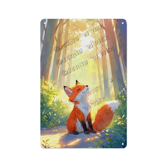 Cute Fox in the Forest Tin Sign 12x16 Inches Rustic Metal Art, Perfect for Animal Lovers, Nature Lovers, Woodland Inspired Home and Office Decor, Ideal Gift for Fox Fans