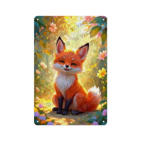 Cute Fox in The Forest Tin Sign  12x16 Inches Rustic Metal Wall Art, Perfect for Nature Lovers, Wildlife Lovers, Woodland-Inspired Home and Office Decor, Great Gift Idea for Fox Fans
