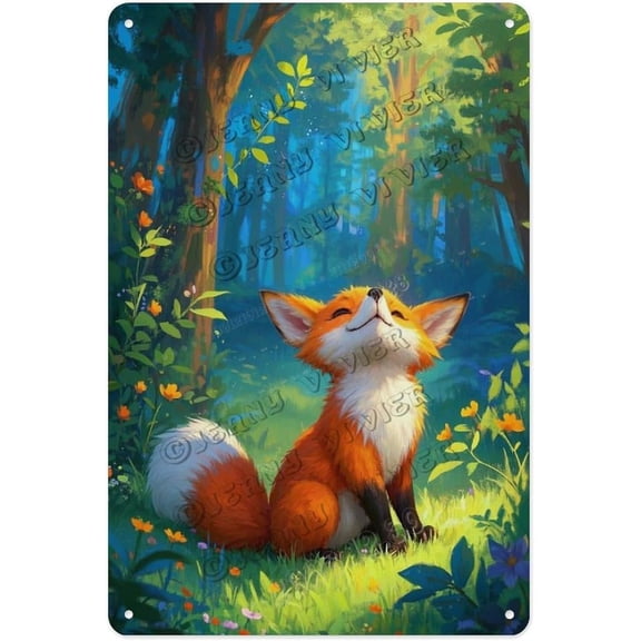 Cute Fox in the Forest Tin Sign 5.5x8 Inches Rustic Metal Wall Art for Nature Lovers, Animal Lovers, Forest-Inspired Home and Office Decor, Gift for Fox Fans