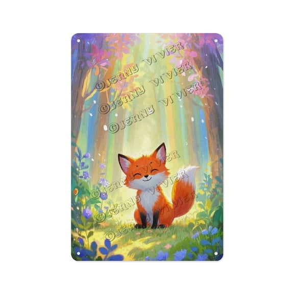 Cute Fox in The Forest Tin Sign  8x12 Inches Rustic Metal Wall Art, Ideal Gift for Nature Lovers, Animal Lovers, Perfect for Living Room, Cabin, and Office Dcor