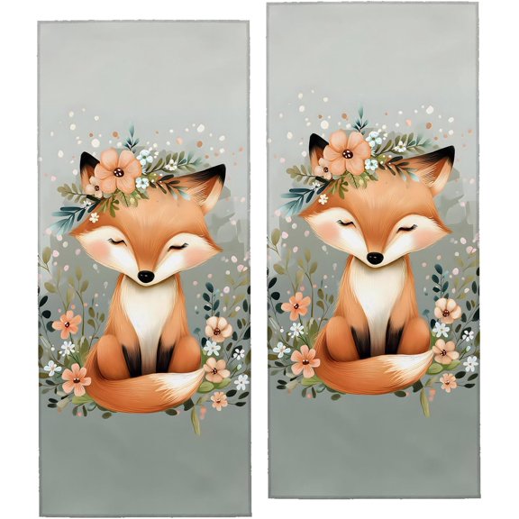Cute Fox Hand Towels 2PCS Decor Handtowel,Floral Kitchen Dish Towel Set,Soft Absorbent,Polyester,14.5" X 28",Daily Decoration,for Bathroom Bath Spa (Flower Fox Green)