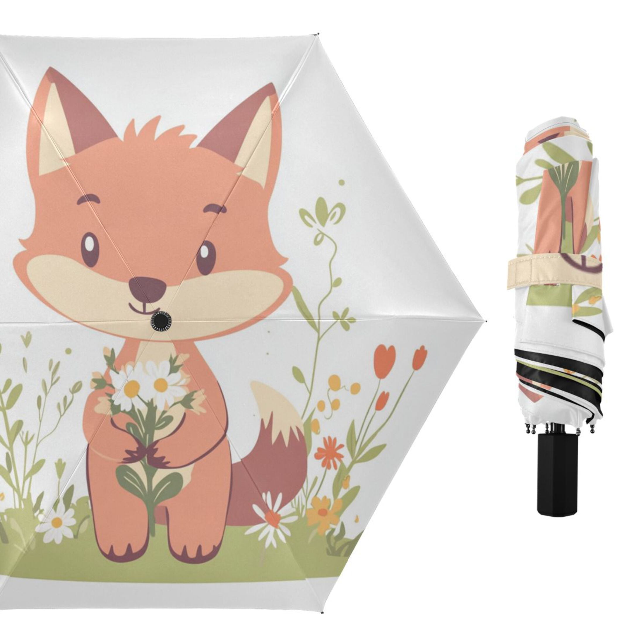 Cute Fox Holding Flowers All Weather Umbrella Triple Folding Parasol 6 Ribs UV Protection Portable