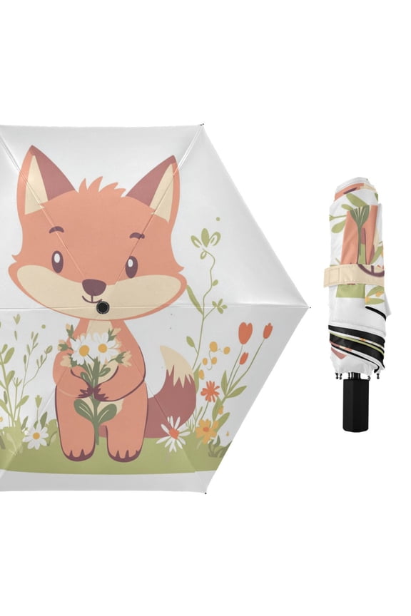 Cute Fox Holding Flowers All Weather Umbrella Triple Folding Parasol 6 Ribs UV Protection Portable