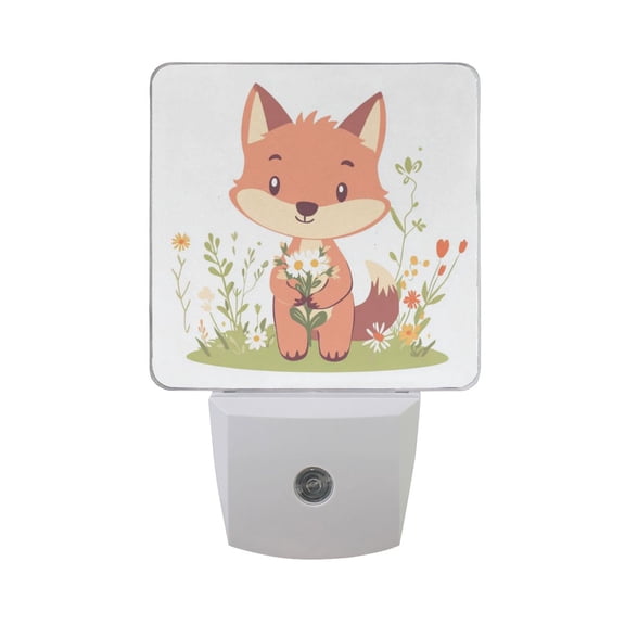 Cute Fox Holding Flowers LED Night Light with Smart Sensor Plug Into Wall Dusk to Dawn 2 packs