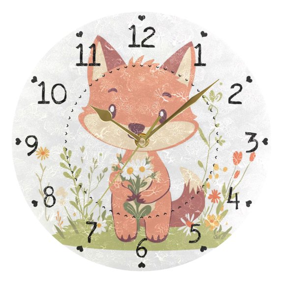 Cute Fox Holding Flowers Round Wall Clock Silent Analog Battery Operated Gold Pointer Home Decor 9.84" Diameter