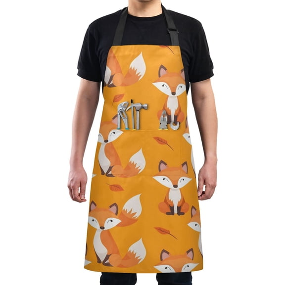 Cute Fox Kitchen Apron with 2 Pockets Adjustable waterproof Cooking Aprons for Women Men Chef