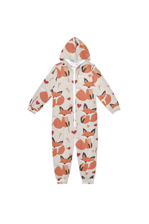 Cute Fox Love Pattern One Piece Pajamas Soft Jumpsuit Cozy Sleep and Play Romper Zipper and Pockets 9Y-11Y