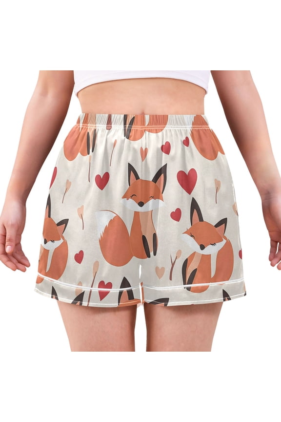 Cute Fox Love Pattern Women's Pajama Shorts Silky Satin Casual Lounge Sleep Zero Pressure