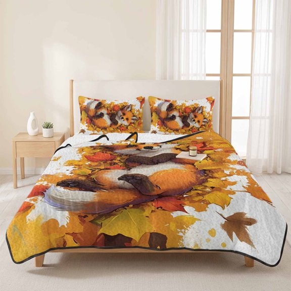 Cute Fox Lying in Orange Maple Leaves 3 Pieces Quilt Set,1 Quilt with 2 Shams,Autumn Botanical Pattern Bedspread Soft Lightweight Bedding Coverlet Comforter Set for All Season 96"x106"