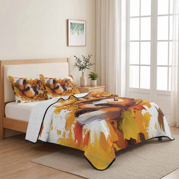Cute Fox Lying in Orange Maple Leaves 3 Pieces Quilt Set,1 Quilt with 2 Shams,Autumn Botanical Pattern Bedspread Soft Lightweight Bedding Coverlet Comforter Set for All Season 68"x98"