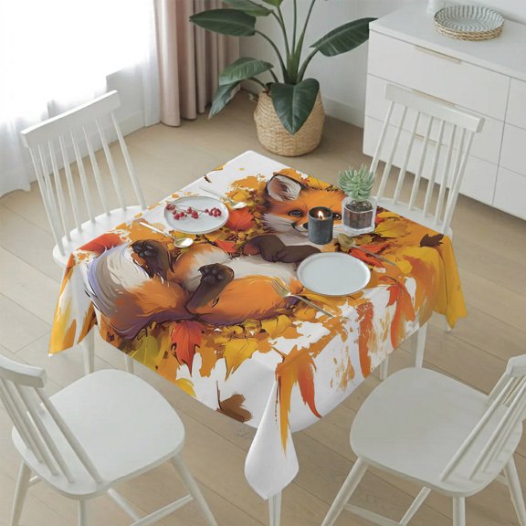 Cute Fox Lying in Orange Maple Leaves Table Cloth 54x54in, Waterproof Square Tablecloth Wipeable Tablecloths Autumn Botanical Animal Table Covers for Dining Tables Party Indoor Outdoor
