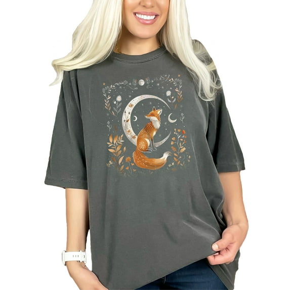 Cute Fox on Moon TShirt, Whimsical Wildlife Art Tee, Floral Woodland Animal Shirt, Adorable Nature Graphic Top, Moonlit Fox Apparel, Pepper Comfort Colors T-Shirt, Small
