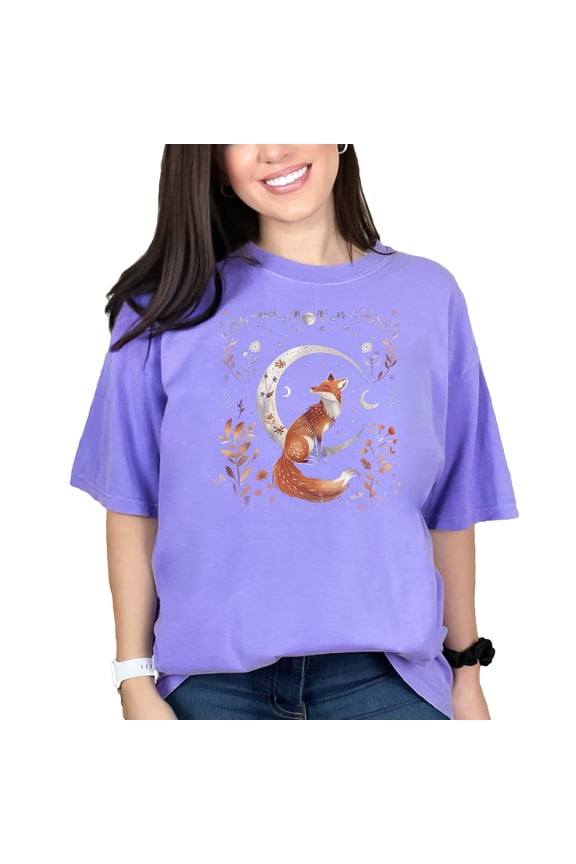 Cute Fox on Moon TShirt, Whimsical Wildlife Art Tee, Floral Woodland Animal Shirt, Adorable Nature Graphic Top, Moonlit Fox Apparel, Violet Comfort Colors T-Shirt, Large