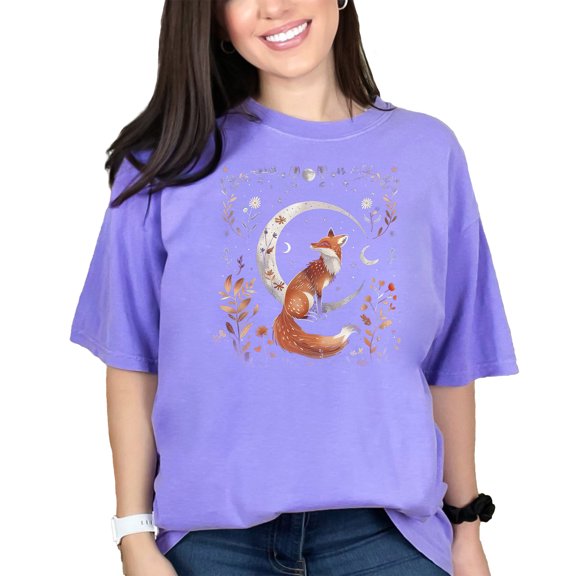Cute Fox on Moon TShirt, Whimsical Wildlife Art Tee, Floral Woodland Animal Shirt, Adorable Nature Graphic Top, Moonlit Fox Apparel, Violet Comfort Colors T-Shirt, Large
