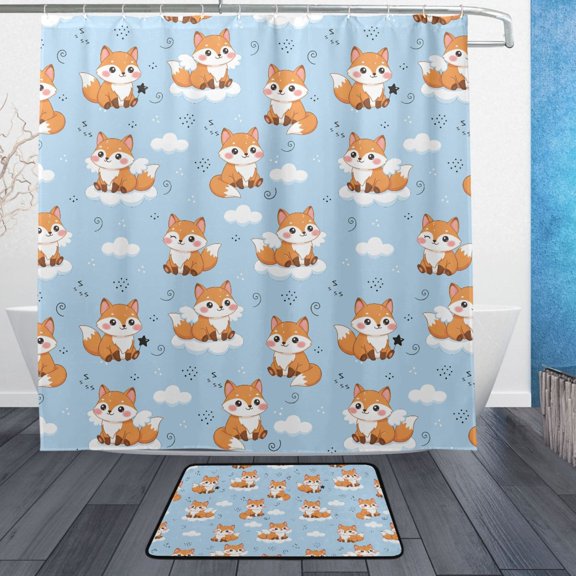 Cute Fox Pattern Bathroom Accessory Sets Waterproof Shower Curtain with Absorbent Non-Slip Rug