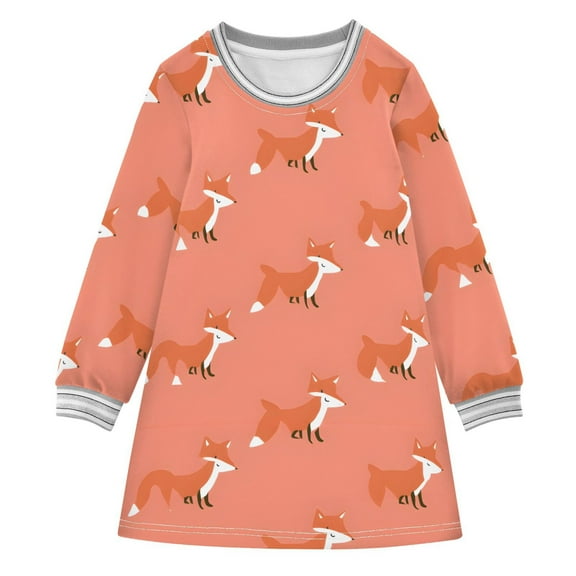Cute Fox Pattern Girls'long-sleeved dress Thickened A-dress Warm Dress Basic Shirt Party Dresses