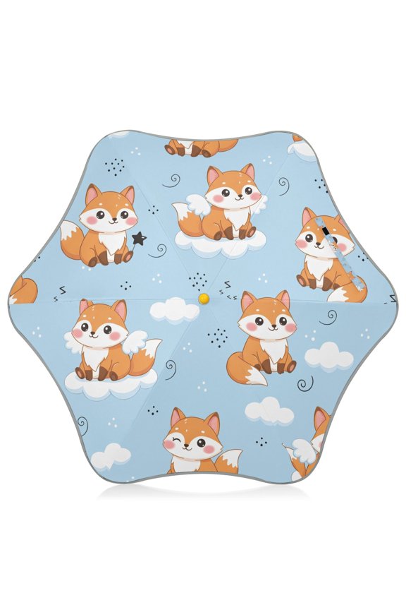Cute Fox Pattern Kids Umbrella Rain Umbrella Clear Grip Handle Folding Umbrellas UV50+ 35in