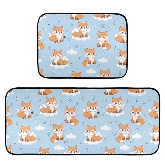 Cute Fox Pattern Kitchen Mat 2 Piece Non Slip Absorbent carpet Floor Mat 19.7x27.6in+19.7x47.2in