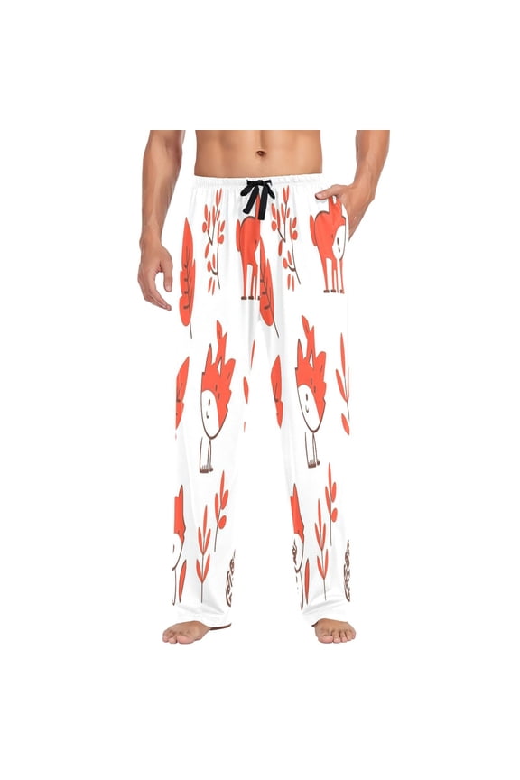 Cute Fox Pattern Mens Cotton Pajama Pants Long Staple Lightweight Sleep Bottoms with Pockets Breathable
