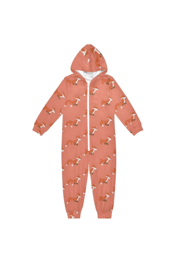 Cute Fox Pattern One Piece Pajamas Soft Jumpsuit Cozy Sleep and Play Romper Zipper and Pockets 12-13Y