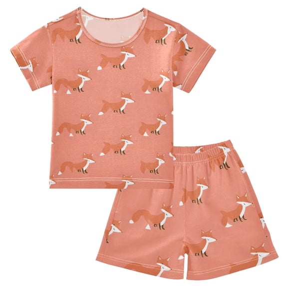 Cute Fox Pattern Summer Pajama Set Soft Cotton Short Sleeve Sleepwear 2PCS Pajama Sets Breathable Lounge Set Size 8Y