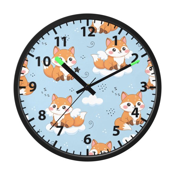 Cute Fox Pattern Wall Clock 12 Inch Voice Activated Night Light Silent Non Ticking