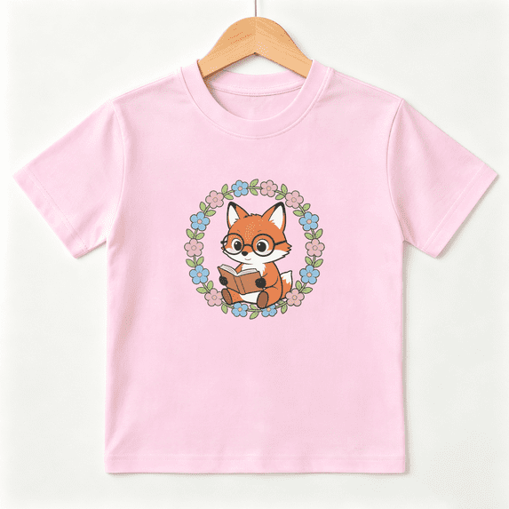Cute Fox Reading Girls Graphic Tee, Flower Wreath Bookworm 100% Cotton Kids Short Sleeve T-Shirt