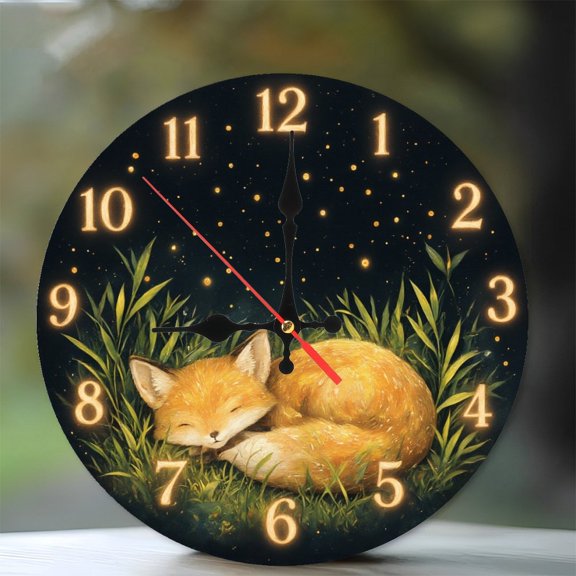Cute Fox Sleeping Wall Clock Night Sky Grass Decor 10-Inch Silent Wooden Wall Clock, Battery Operated (AA Batteries Not Included), Artistic Home Decor