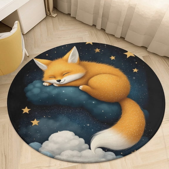 Cute Fox Sleeping on Clouds Round Area Rugs for Bedroom Living Room, 4FT Soft Comfy Indoor Circle Carpets, Floor Mat
