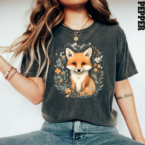 Cute Fox T Shirt, Flower Shirt, Floral Fox Shirt, Flower Shirt, Animal Lover Ladies Shirt, Gift for Nature Lover, Fox Shirt