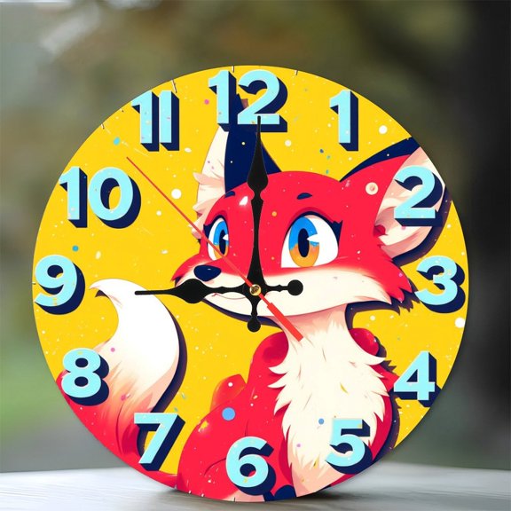 Cute Fox Wall Clock 10-Inch Silent Wooden Wall Clock, Battery Operated (AA Batteries Not Included), Artistic Home Decor