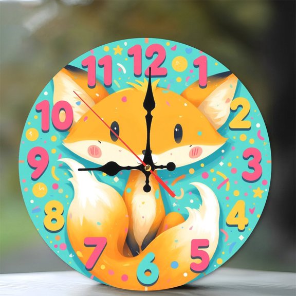Cute Fox Wall Clock 10-Inch Silent Wooden Wall Clock, Battery Operated (AA Batteries Not Included), Artistic Home Decor