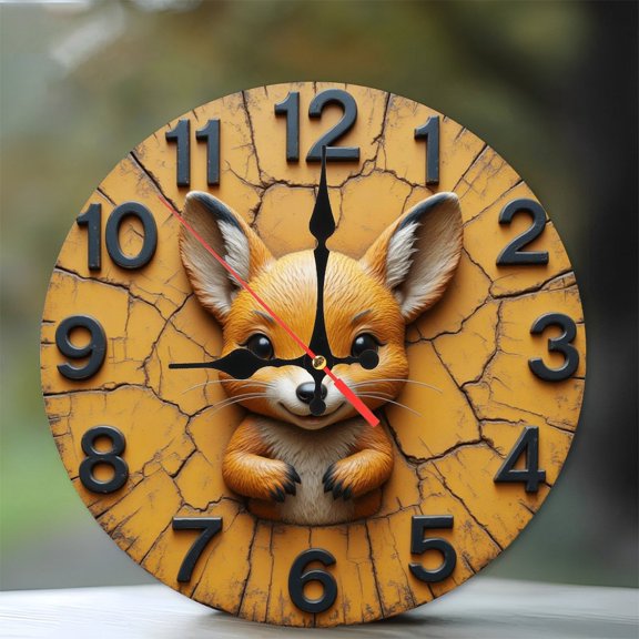 Cute Fox Wall Clock Decorative Home Accent 10-Inch Silent Wooden Wall Clock, Battery Operated (AA Batteries Not Included), Artistic Home Decor
