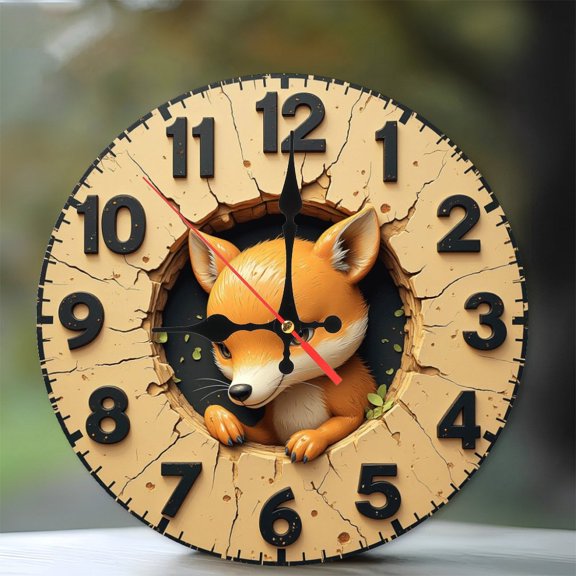 Cute Fox Wall Clock with Unique Design And Numbers 10-Inch Silent Wooden Wall Clock, Battery Operated (AA Batteries Not Included), Artistic Home Decor