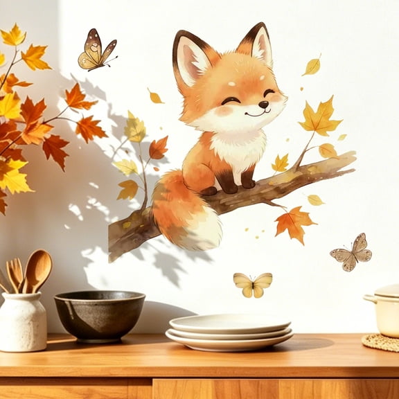 Cute Fox Wall Decals with Autumn Maple Leaves and Butterflies, Vibrant Orange and Yellow, for Kids Room and Living Room, Removable Wall
