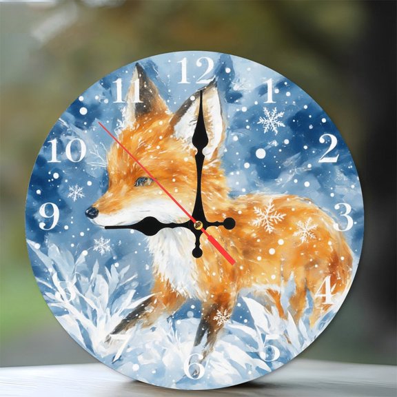 Cute Fox Winter Animal Wall Clock Home Decor 10-Inch Silent Wooden Wall Clock, Battery Operated (AA Batteries Not Included), Artistic Home Decor