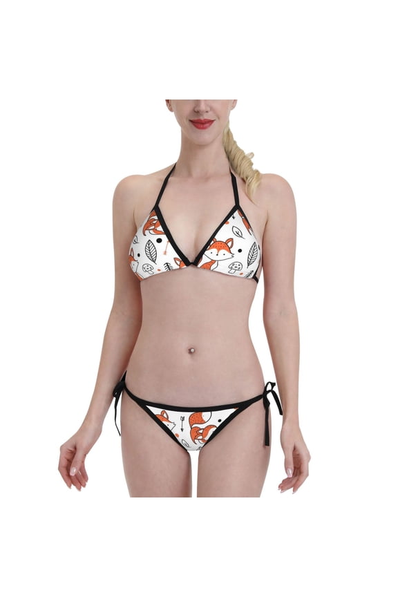 Cute Fox Women's Bikini Set Two Piece Swimsuit Triangle Bathing Suit Adjustable Beach Swimwear