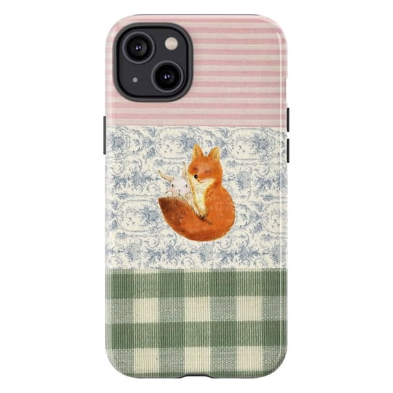 Cute Fox and Bunny Patchwork Phone Case, Cottagecore Pink Stripe ...