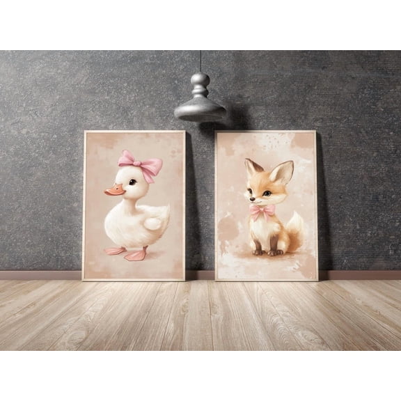 Cute Fox and Duck Animal, Woodland Nursery Decor, Forest Friends Clipart for Baby Shower or Room Art Poster Printed Poster, Poster Only