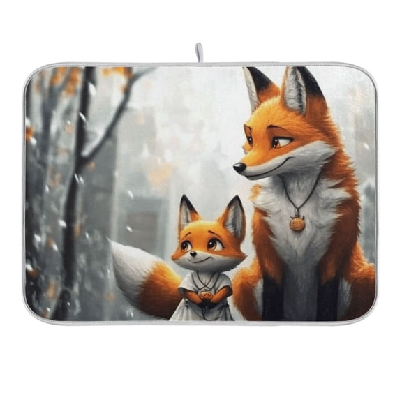 Cute Fox and Snow Dish Drying Mat 16x18 Absorbent Microfiber Draining Rack Pad for Kitchen Counter Sink