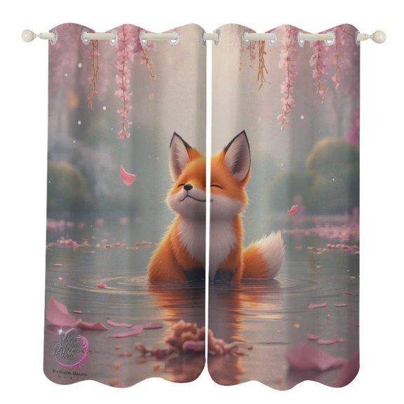 Cute Fox in Cherry Blossom Pond 2 Panels Curtains for Bedroom Living Room Drapes Kitchen Window Curtain Home Decor