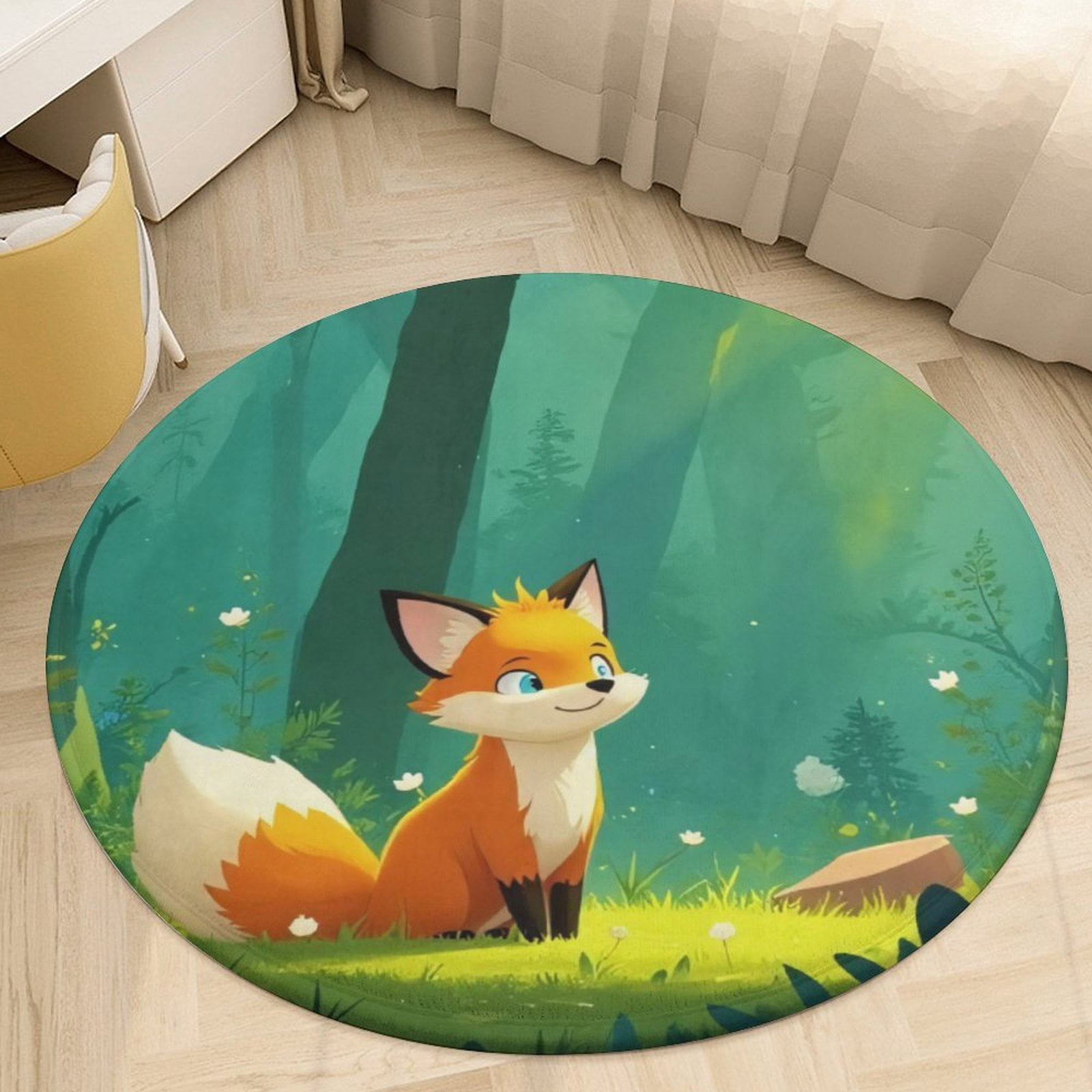 Small Round Forest Rug Cute Fox in Enchanted Forest Round Area Rugs for Bedroom Living Room ...