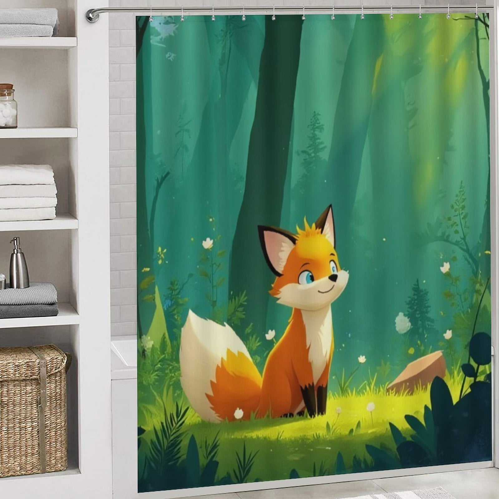 Cute Fox in Enchanted Forest Shower Curtain Polyester Fabric Hanging
