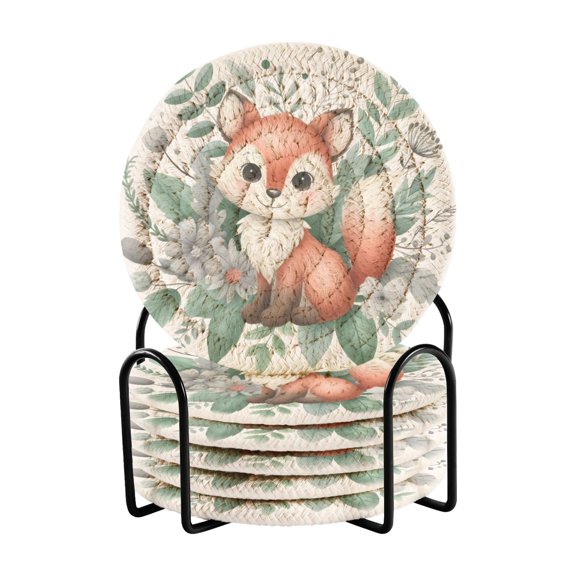 Cute Fox in Floral Bouquet Coasters with Holder for Coffee Table 6 Pcs Drink Coaster Sets Absorbent for Home Decor 4 inch