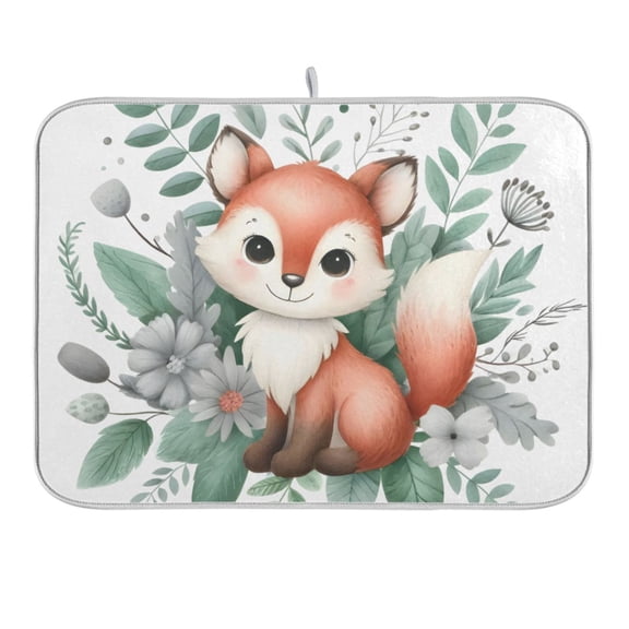 Cute Fox in Floral Bouquet Dish Drying Mat 16x18 Absorbent Microfiber Draining Rack Pad for Kitchen Counter Sink